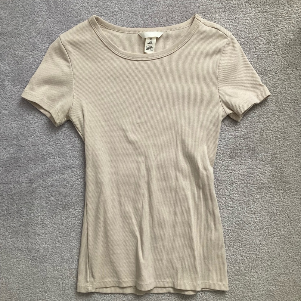 H&M Short-Sleeve Ribbed Tee - Light Cream